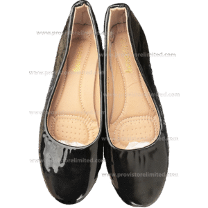 Shoe (Flat) - Ladies Black Leather Plain Shiny